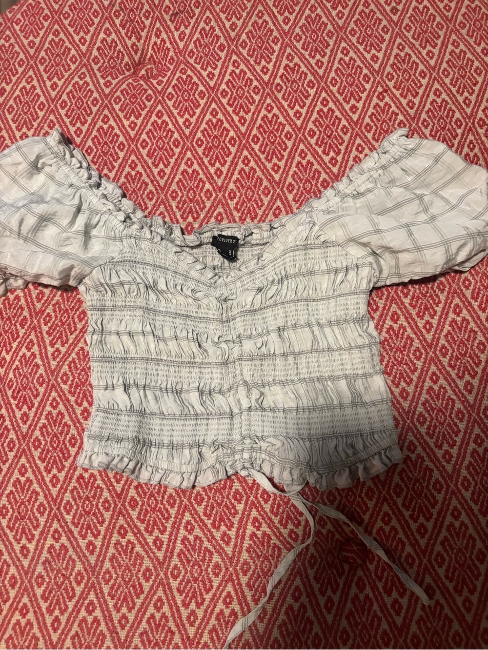 Forever 21 White and Light Gray Smocked Off-Shoulder Womens Top